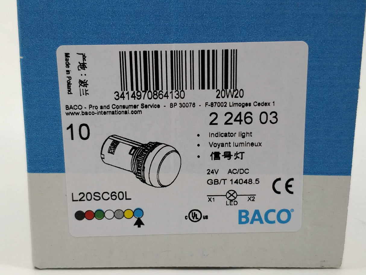 BACO L20SC60L Indicator light Blue, Voyant lumineux, 24V. 10Pcs