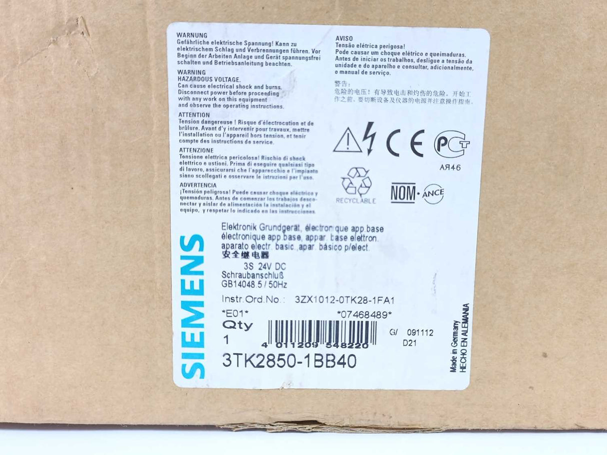 Siemens 3TK2850-1BB40 SIRIUS safety relay w/ contactor relay enabling circuits