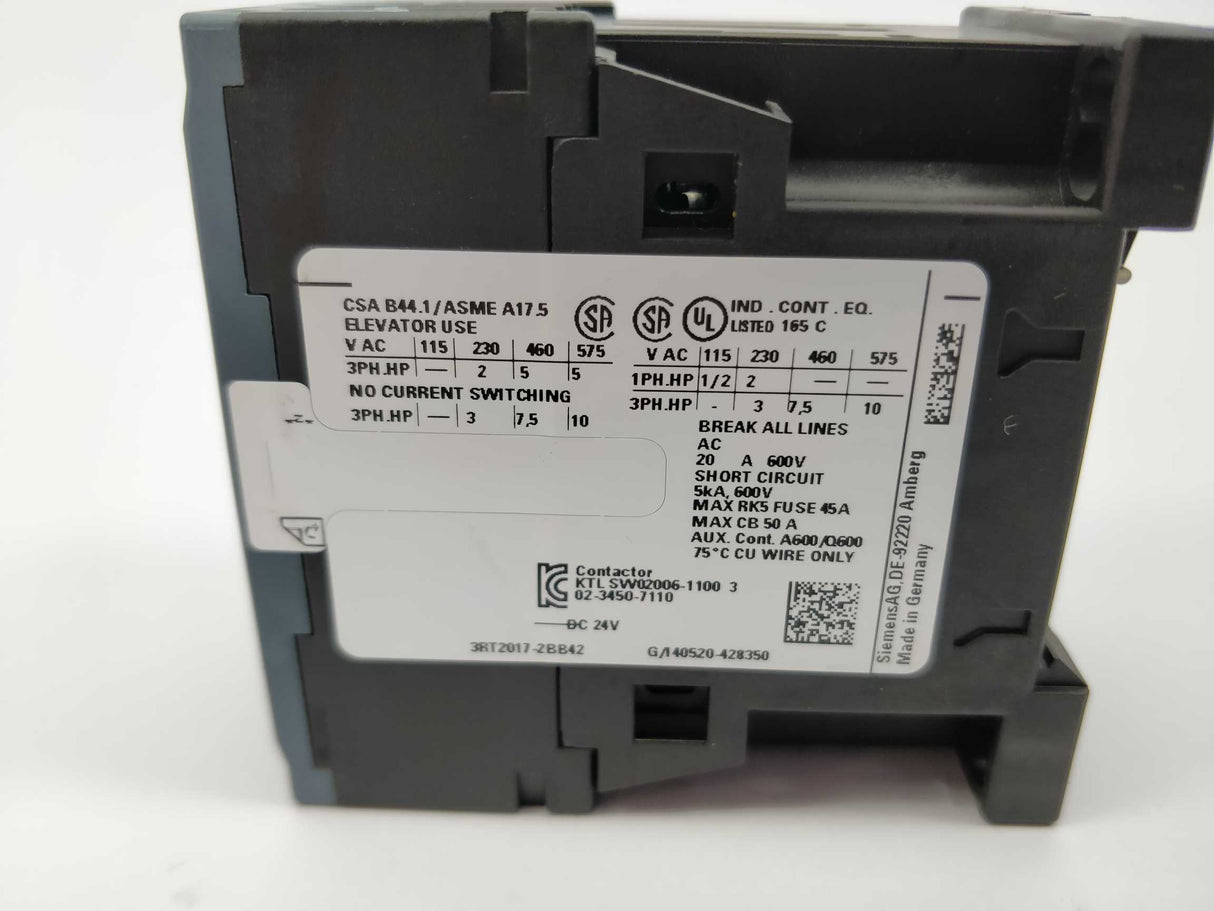 Siemens 3RT2017-2BB42 Power contactor 24V coil