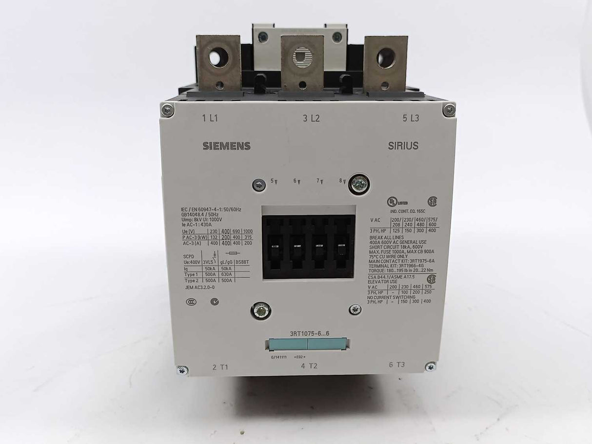 Siemens 3RT1075-6AP36 Power Contactor with 2x 3RH1921-1DA11