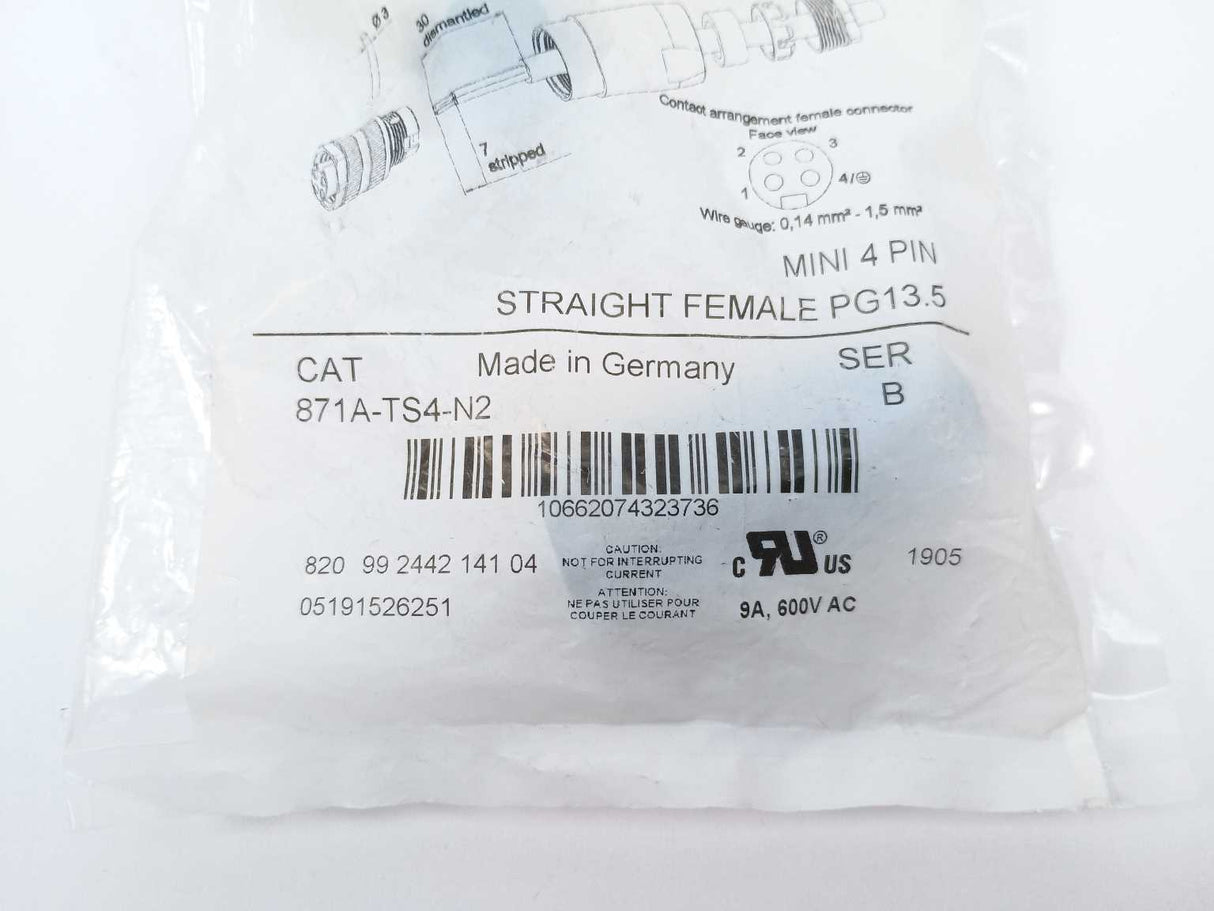 AB 871A-TS4-N2 Ser. B MINI 4 PIN Straight Female PG13.5