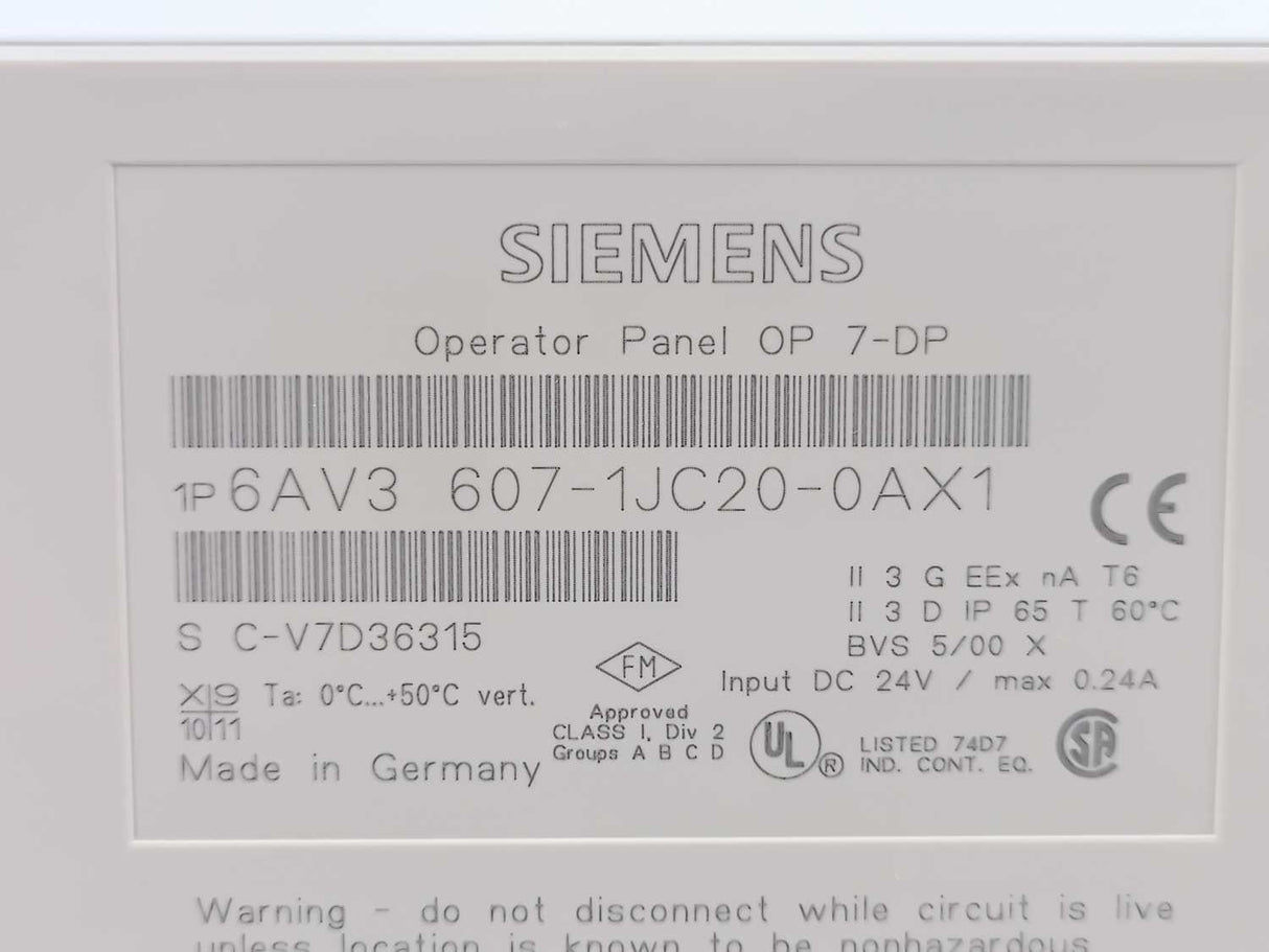 Siemens 6AV3607-1JC20-0AX1 Operator Panel OP 7-DP