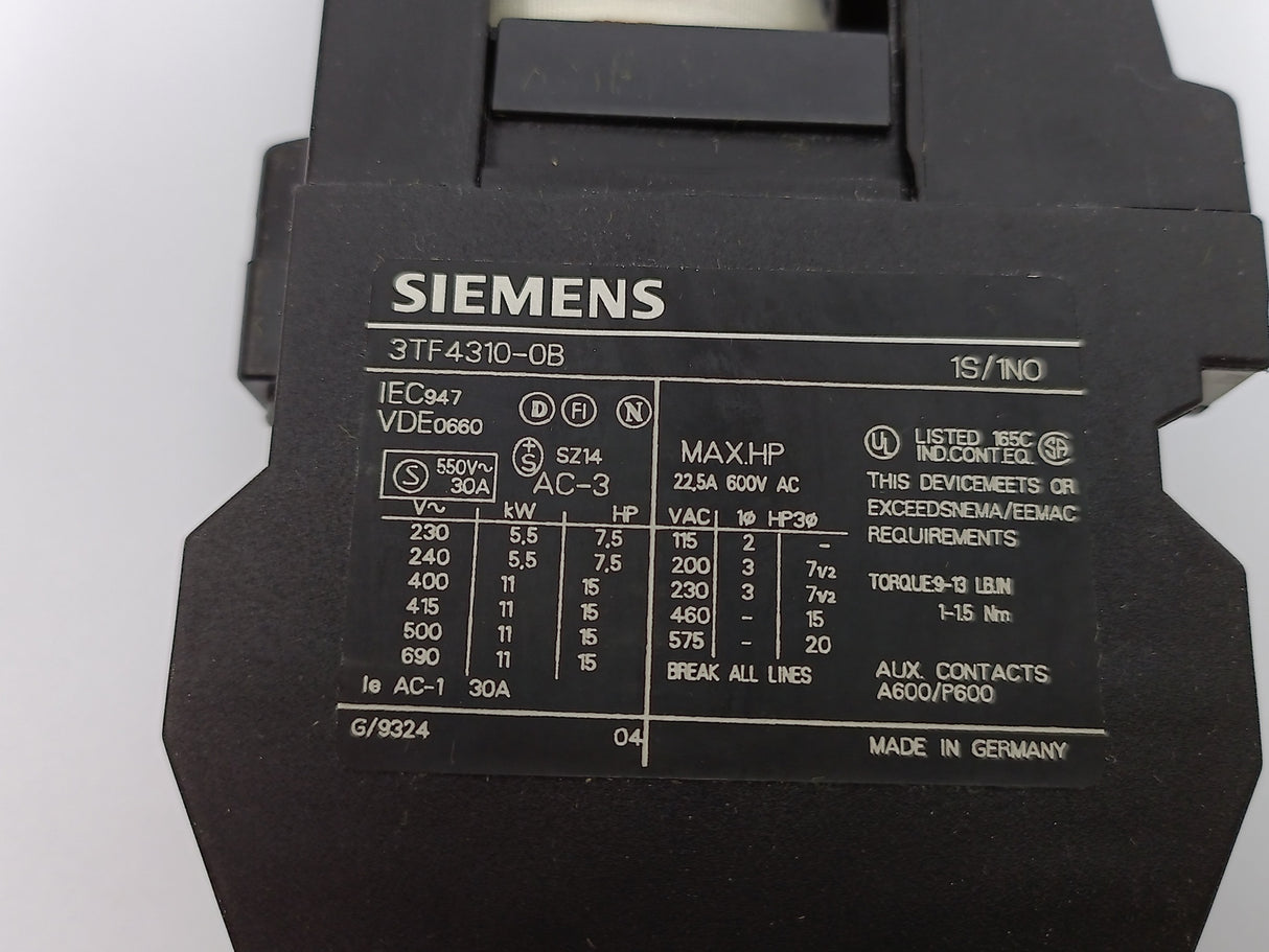 Siemens 3TF4310-0B 3 - Phase Contactor