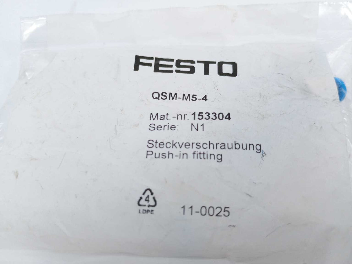 Festo 153304 QSM-M5-4 Push-In Fitting 10 Pcs