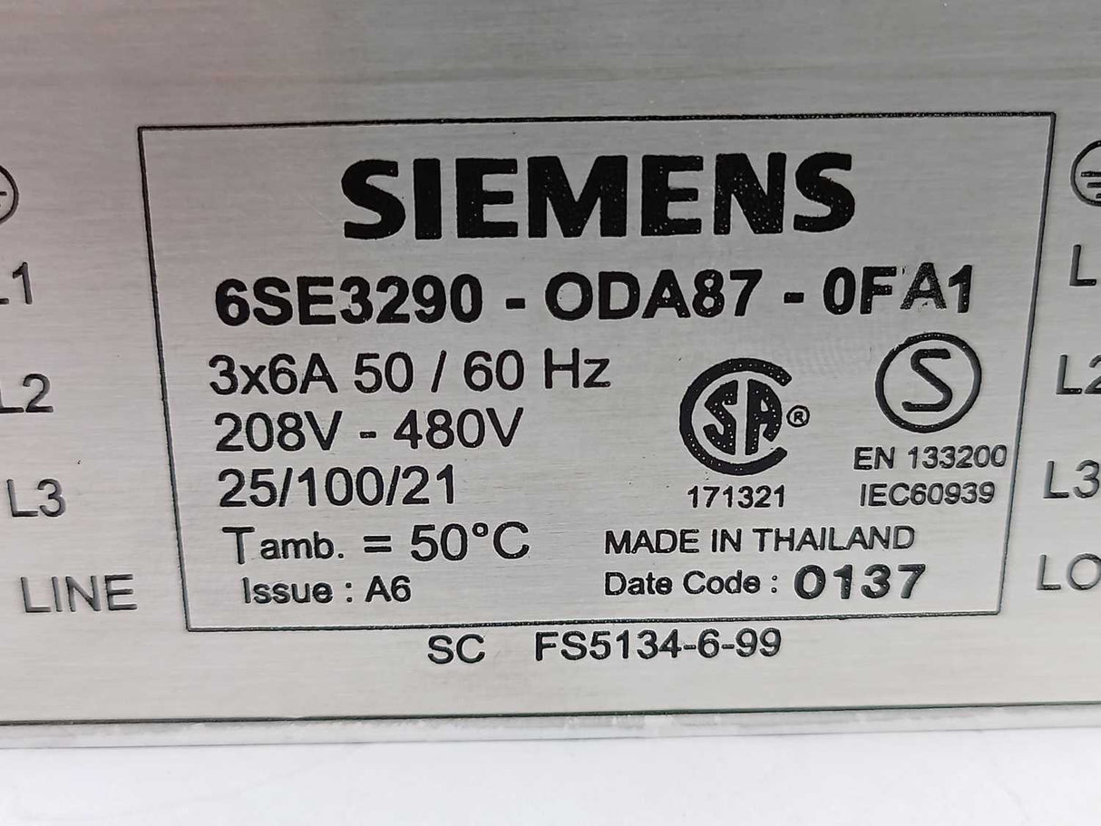 Siemens 6SE3290-0DA87-0FA1 CLASS A FOOTPRINT FILTER FOR 3AC UNITS