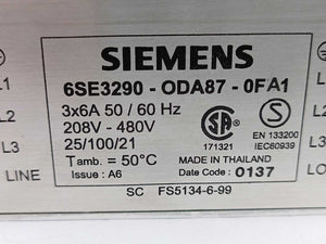 Siemens 6SE3290-0DA87-0FA1 CLASS A FOOTPRINT FILTER FOR 3AC UNITS