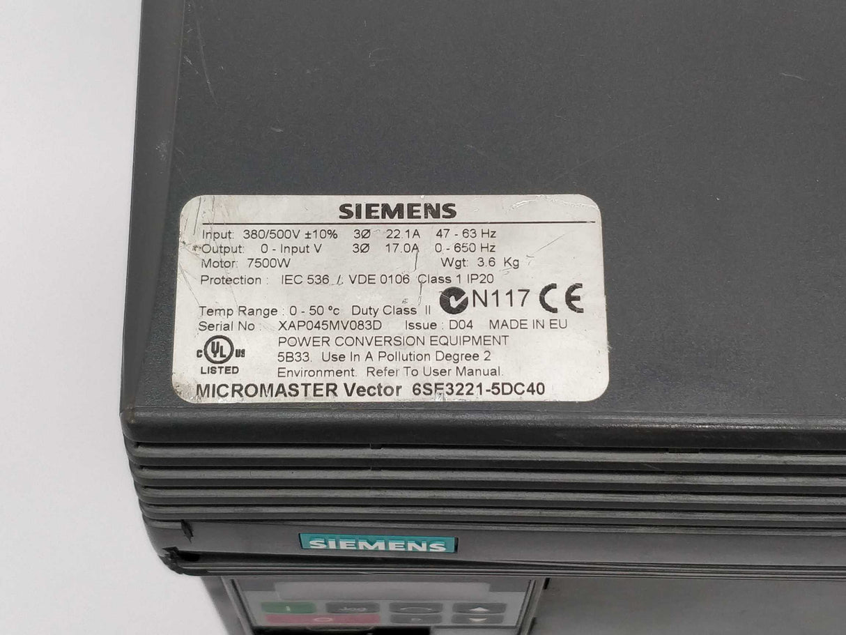 Siemens 6SE3221-5DC40 Micromaster MMV750/0 7.5kW 0-650Hz