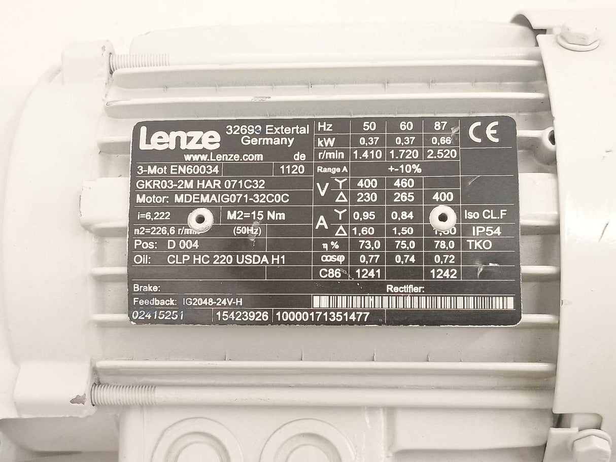 LENZE GKR03-2MHAR071C32 AC Bevel Geared Motor 0,37kW. I = 6,222