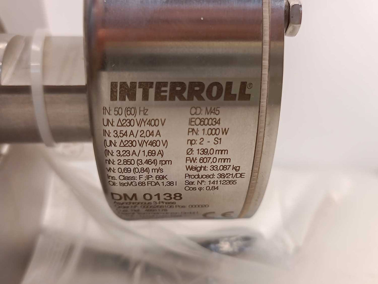 Interroll DM 0138 Drum Motor - i30,00 - 1000W - Ø 139,0mm - FW 607,0mm