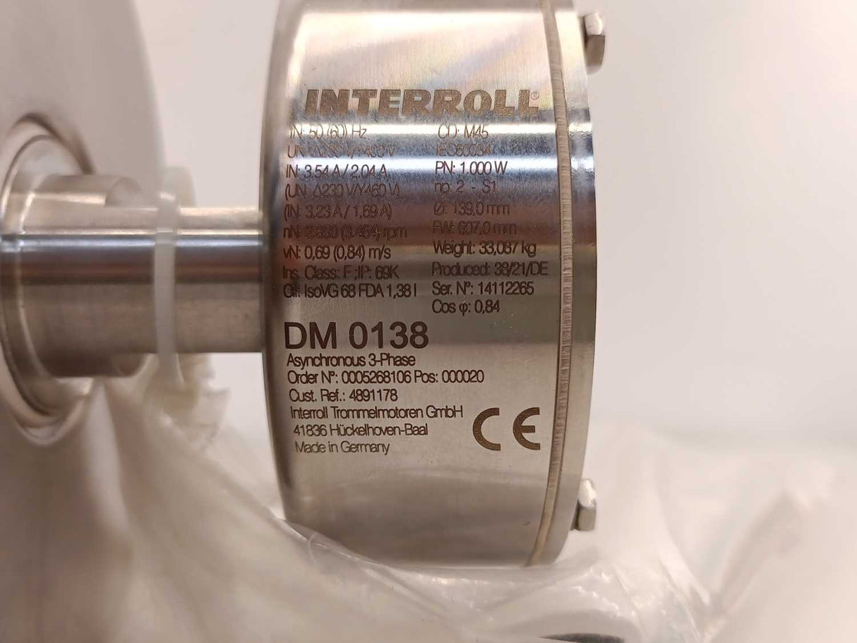 Interroll DM 0138 Drum Motor - i30,00 - 1000W - Ø 139,0mm - FW 607,0mm