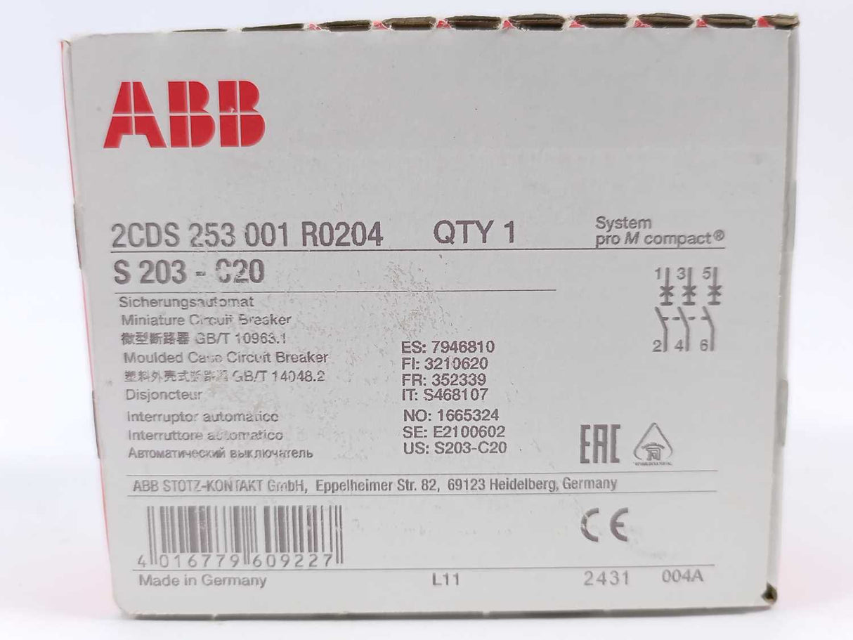 ABB 2CDS253001R0204 S203-C20 Miniature Circuit Breaker