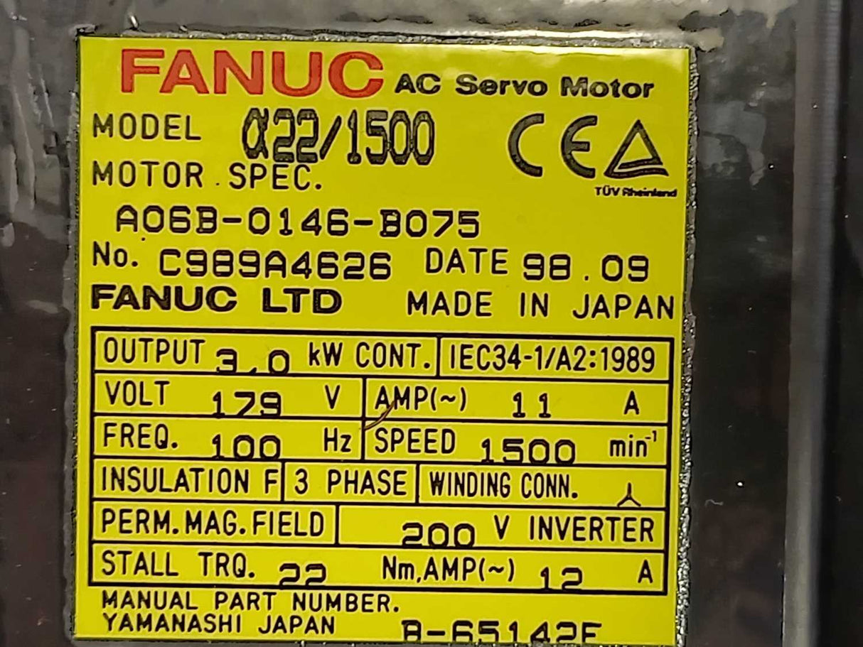 Fanuc A06B-0146-B075 AC Servo Motor a22/1500 3.0kW