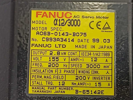 Fanuc A06B-0143-B075 AC Servo Motor a12/3000 2,8kW