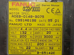 Fanuc A06B-0148-B075 AC Servo Motor a22/3000 4,4kW. Defective