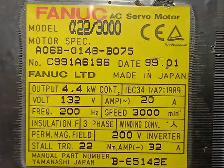 Fanuc A06B-0148-B075 AC Servo Motor a22/3000 4,4kW. Defective