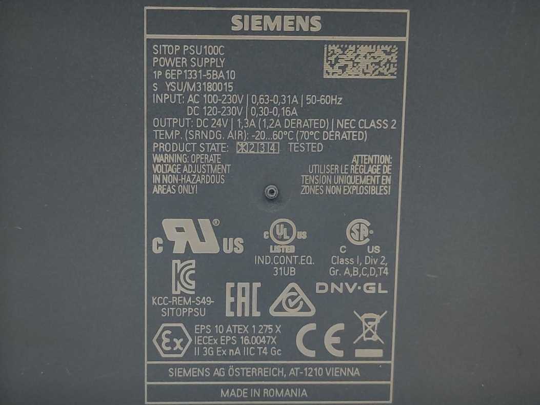 Siemens 6EP1331-5BA10 SITOP PSU100C 24 V/1.3 A Stabilized Power Supply