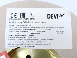 Danfoss / Devi 98300016 DEVIpipeheat™ 10 (DPH-10 V2) Heating Cable. 100m