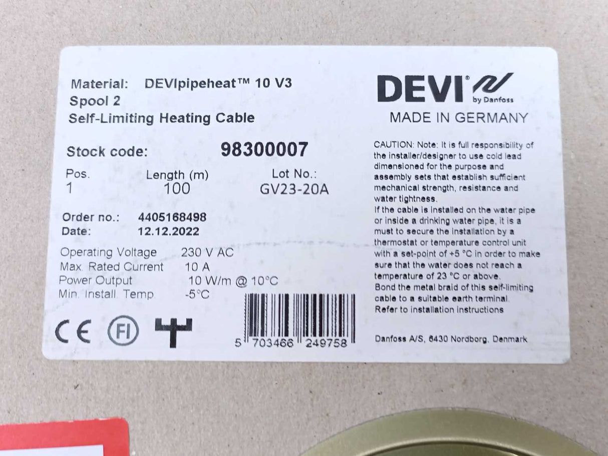 Danfoss / Devi 98300007 DEVIpipeheat™ 10 V3 Self-Limiting Heating Cable. 100m