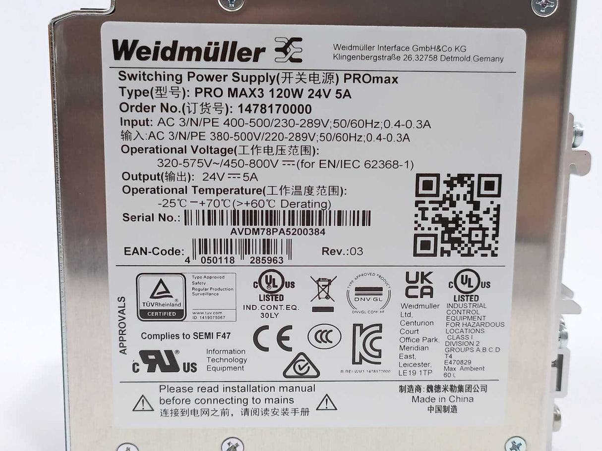 Weidmüller 1478170000 PRO MAX3 120W 24V 5A Power Supply