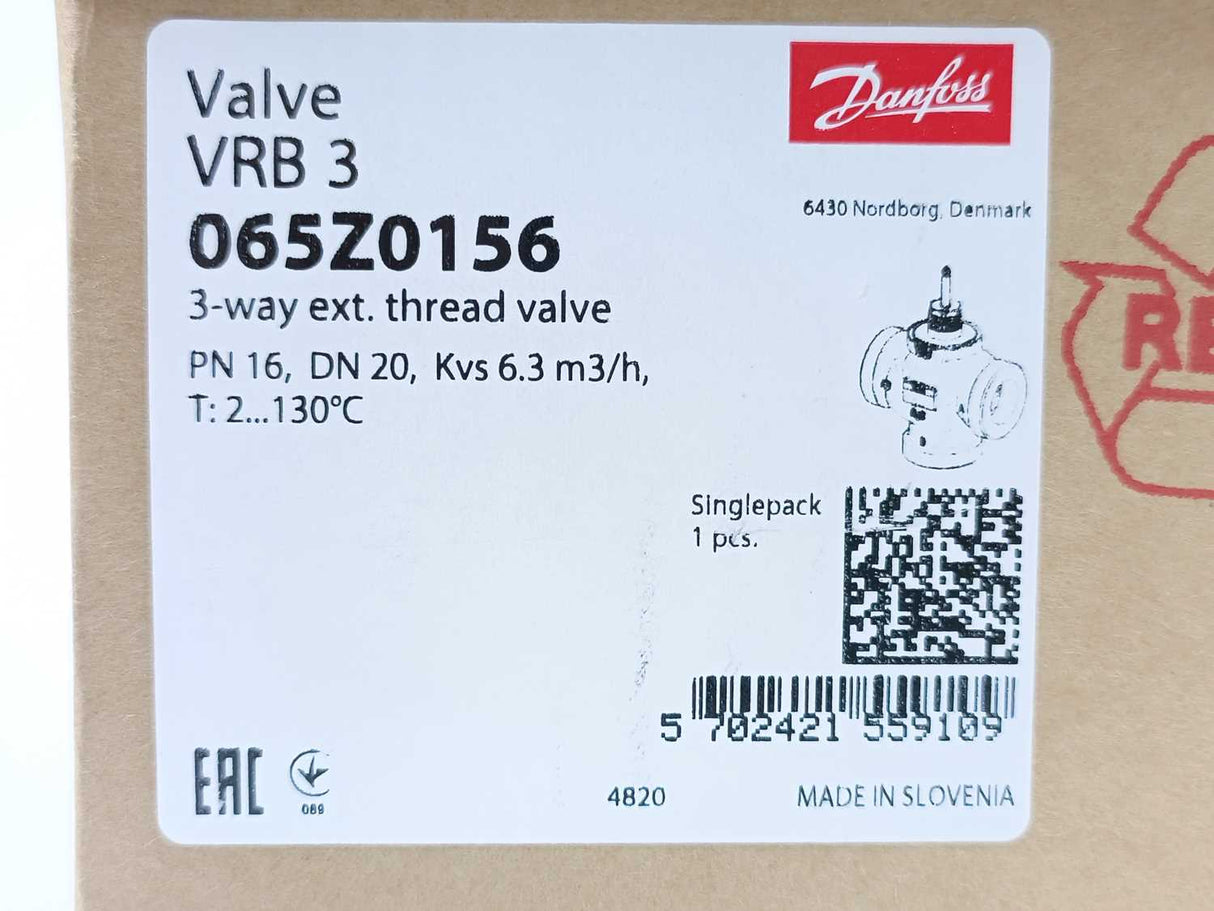 Danfoss 065Z0156 3-way ex. thread valve, PN16, DN20, Kvs 6.3 m3/h