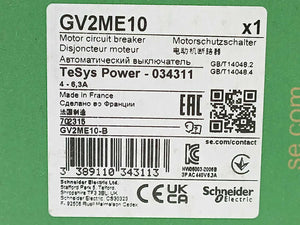 Schneider / Telemecanique GV2ME10 TeSys 034311 Motor Circuit Breaker 4-6.3A