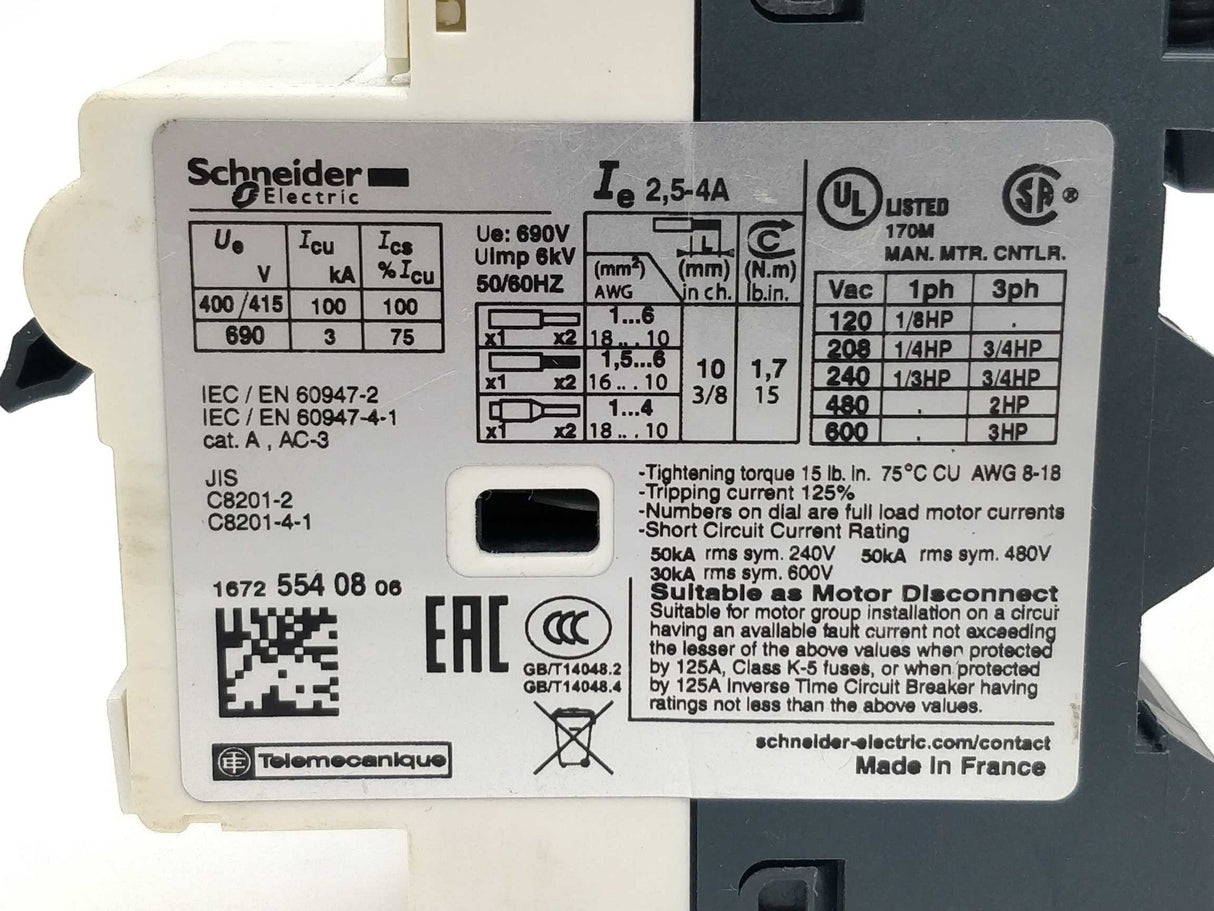 Schneider Electric GV2-RT08 Motor Circuit Breaker 2.5-4A