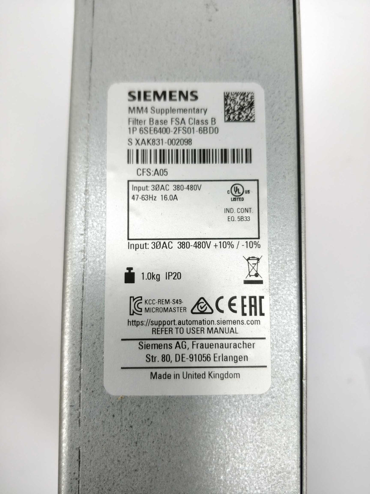 Siemens 6SE6400-2FS01-6BD0 MM4 Supplementary Filter Base FSA Class B