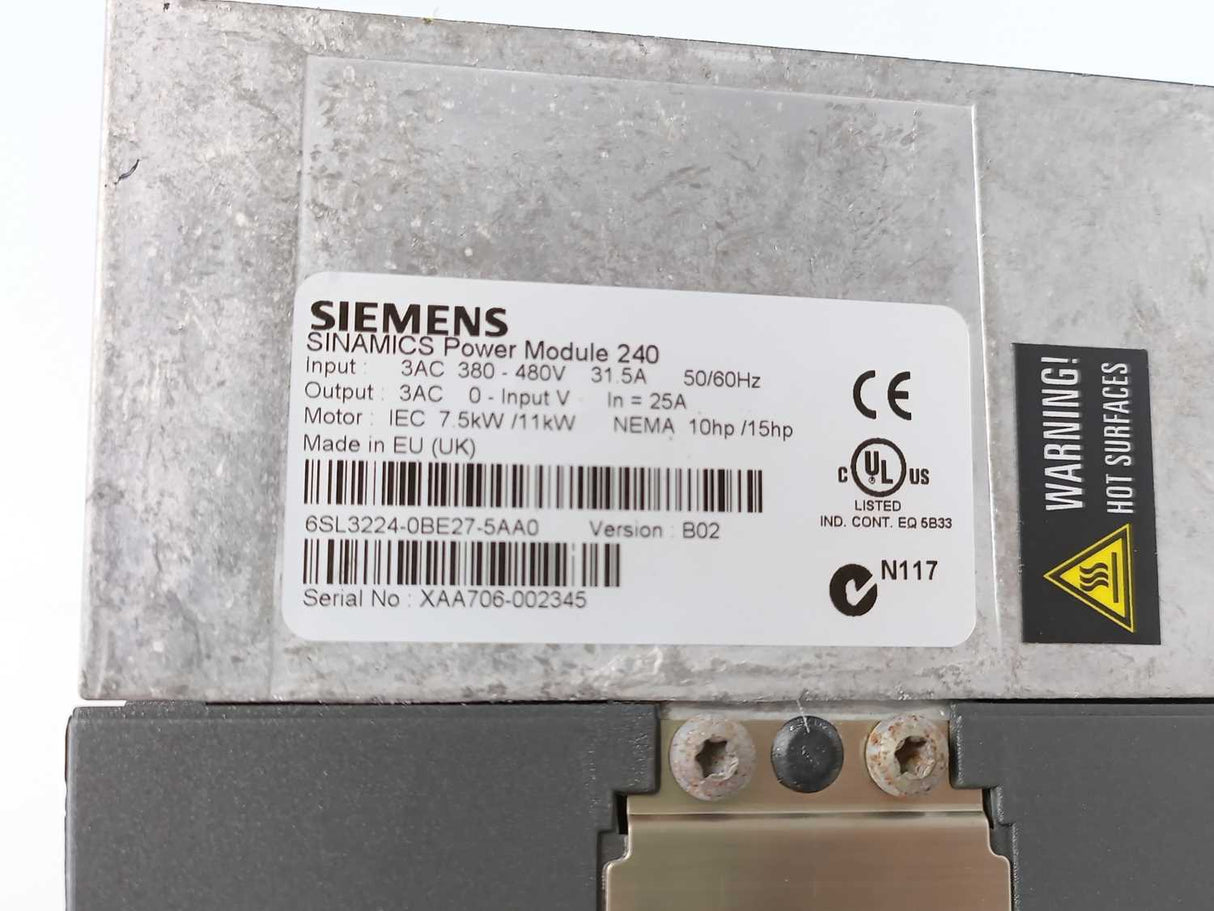 Siemens 6SL3224-0BE27-5AA0 SINAMICS Power Module 240 w/ Control Unit