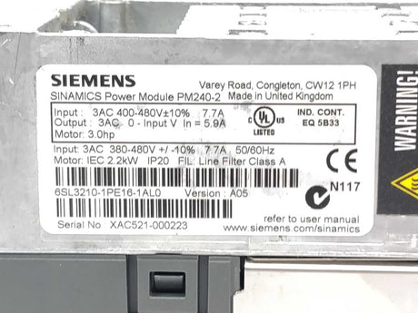 Siemens 6SL3210-1PE16-1AL0 SINAMICS Power Module PM240-2 Ver.A05