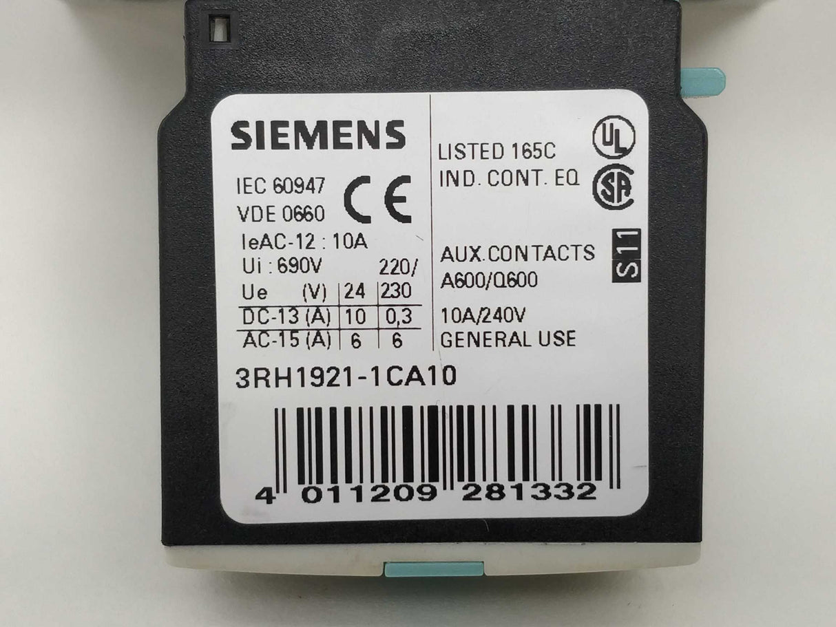 Siemens 3RT1024-1BB40 Contactor & 3RH1921-1CA10 & 3RH1921-1CA01. 24VDC