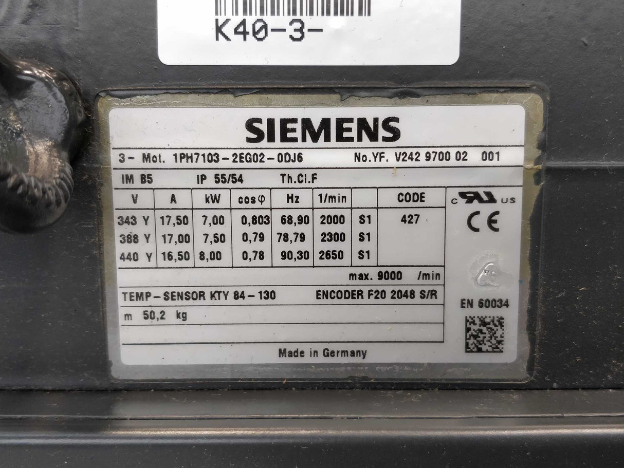 Siemens 1PH7103-2EG02-0DJ6 Simotics M servo motor 7kW, New, unused