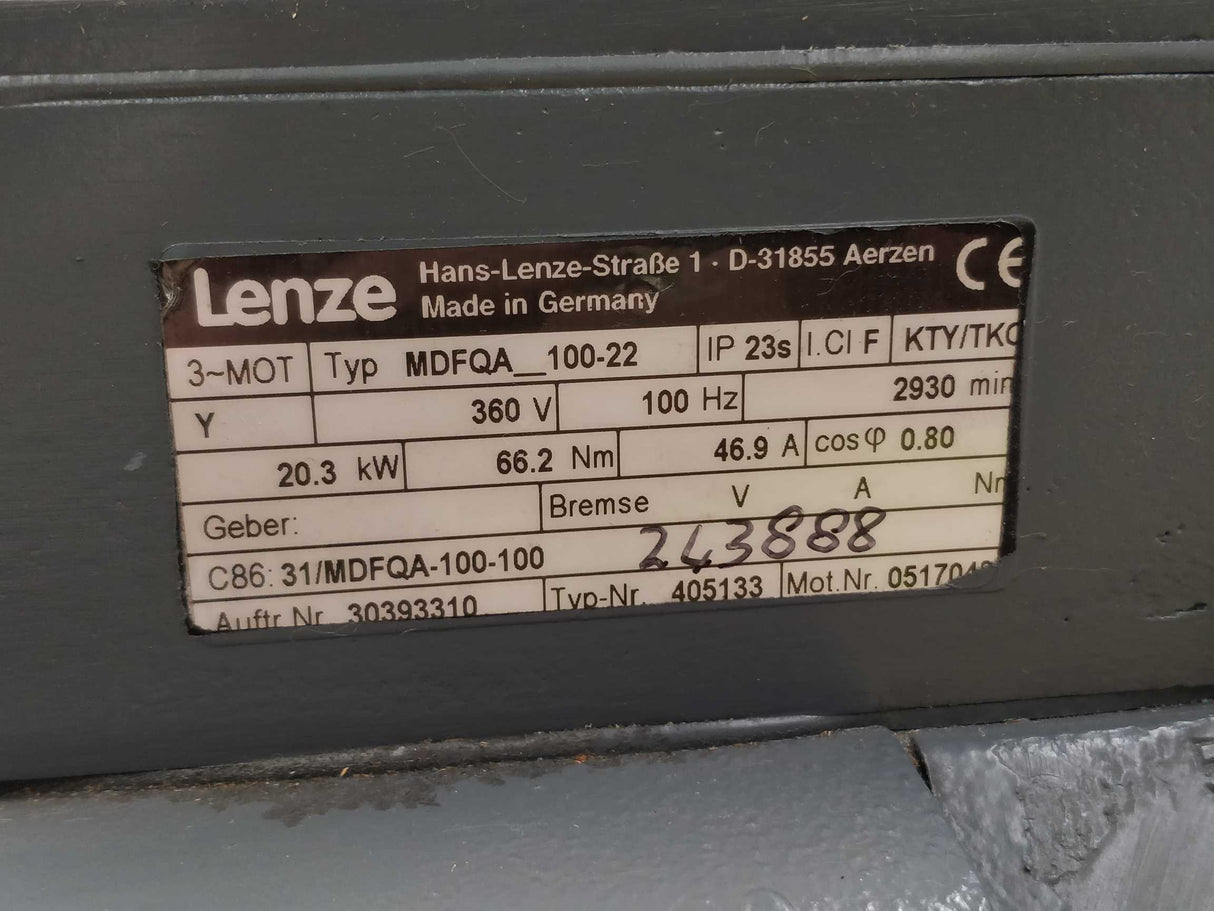 LENZE MDFQA_100-22 Servo motor 20.3kW refurbished