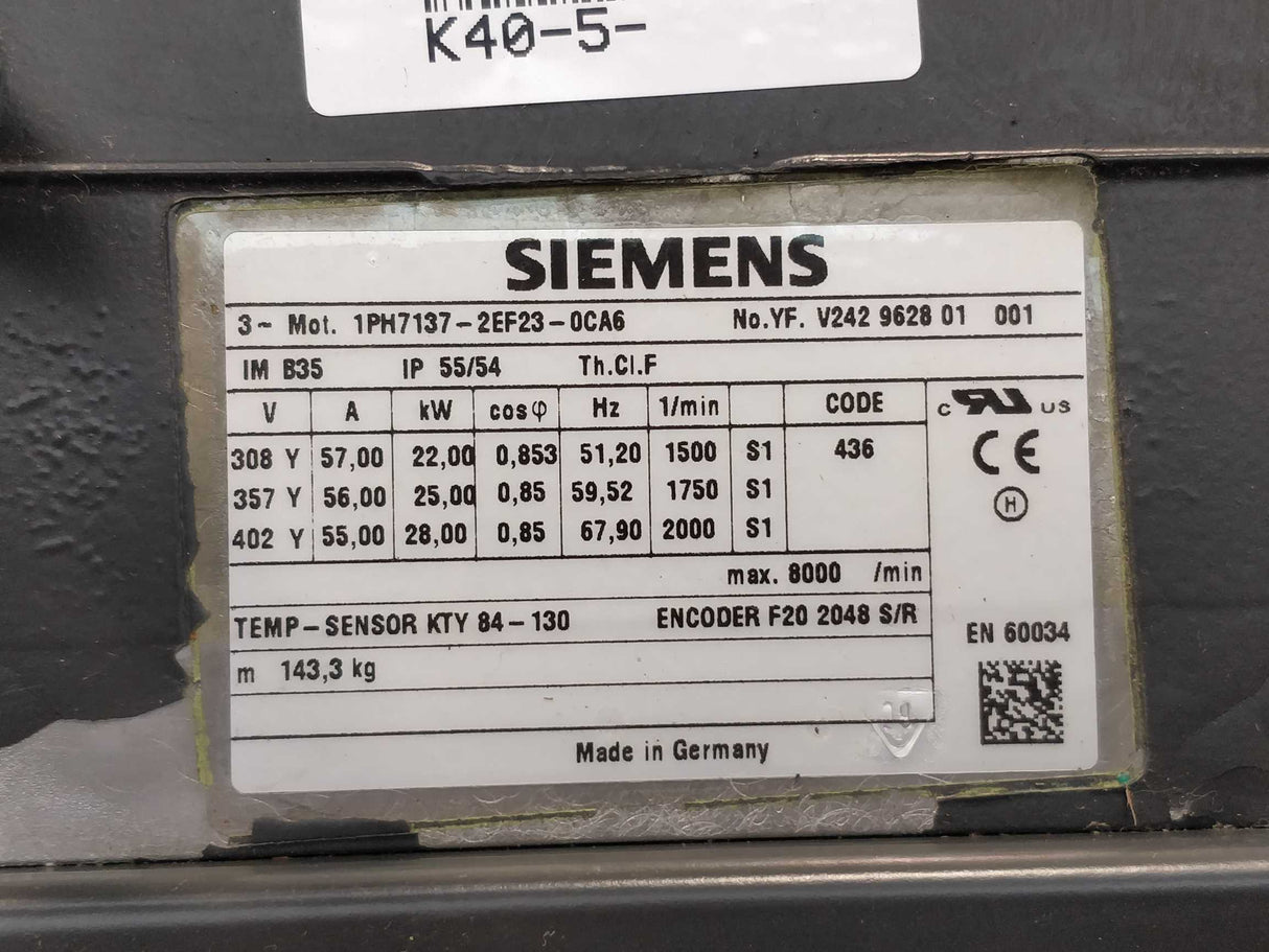 Siemens 1PH7137-2EF23-0CA6 Simotics M servo motor 22kW, New, unused