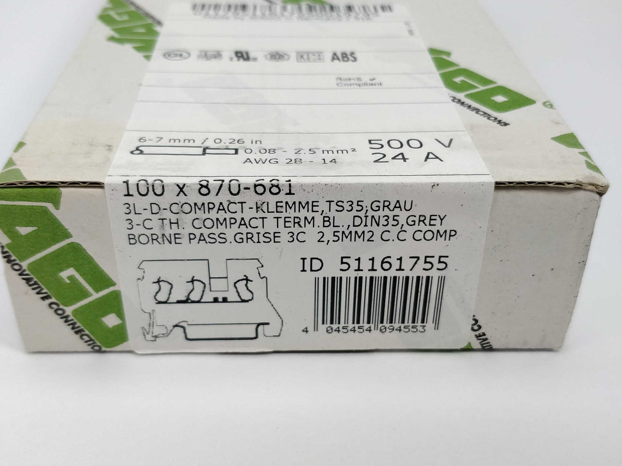 Wago 870-681 3-conductor through terminal block 100pcs