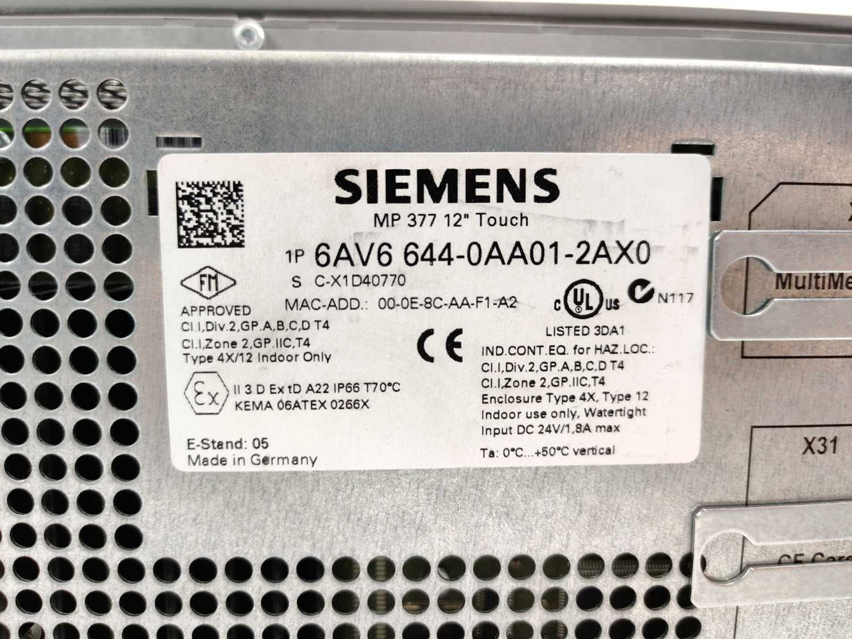 Siemens 6AV6644-0AA01-2AX0 SIMATIC MP 377 12" Touch Multi Panel