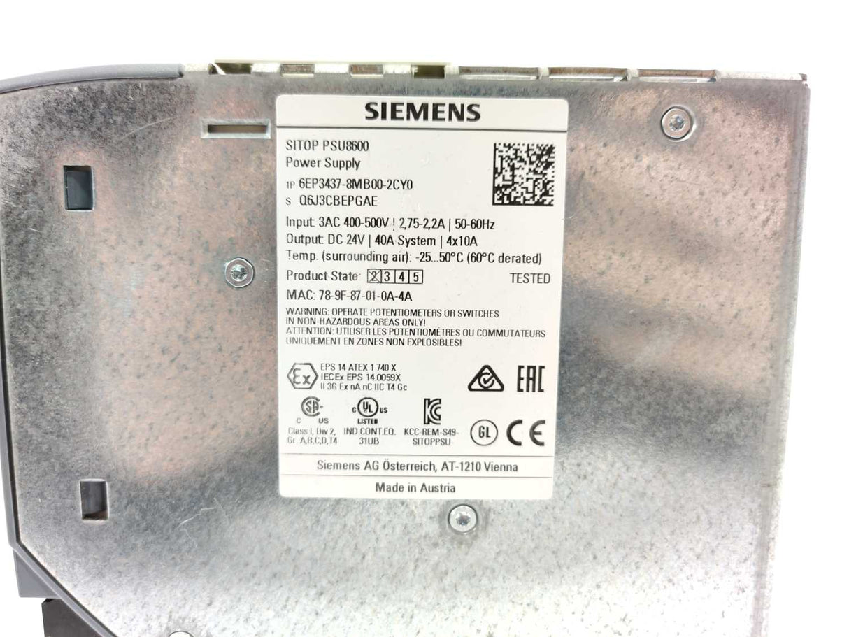 Siemens 6EP3437-8MB00-2CY0 SITOP PSU8600 POWER SUPPLY