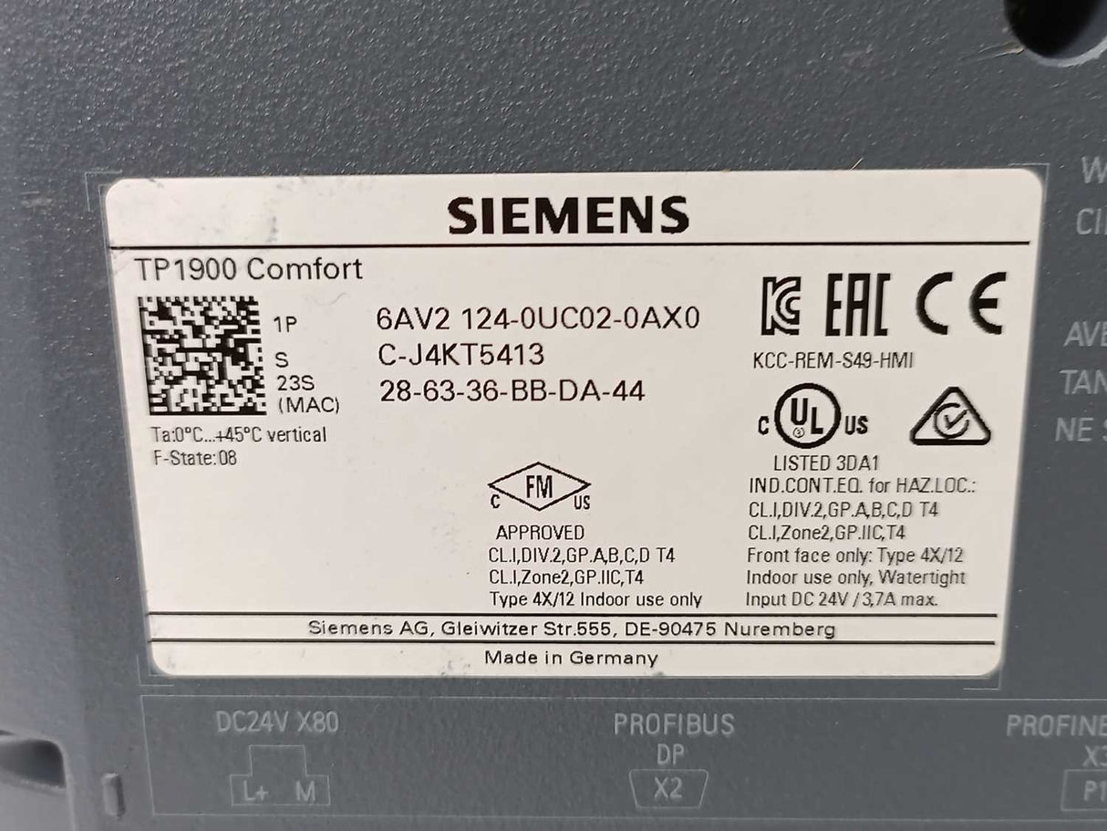 Siemens 6AV2 124-0UC02-0AX0 Siemens Simatic TP1900 Comfort