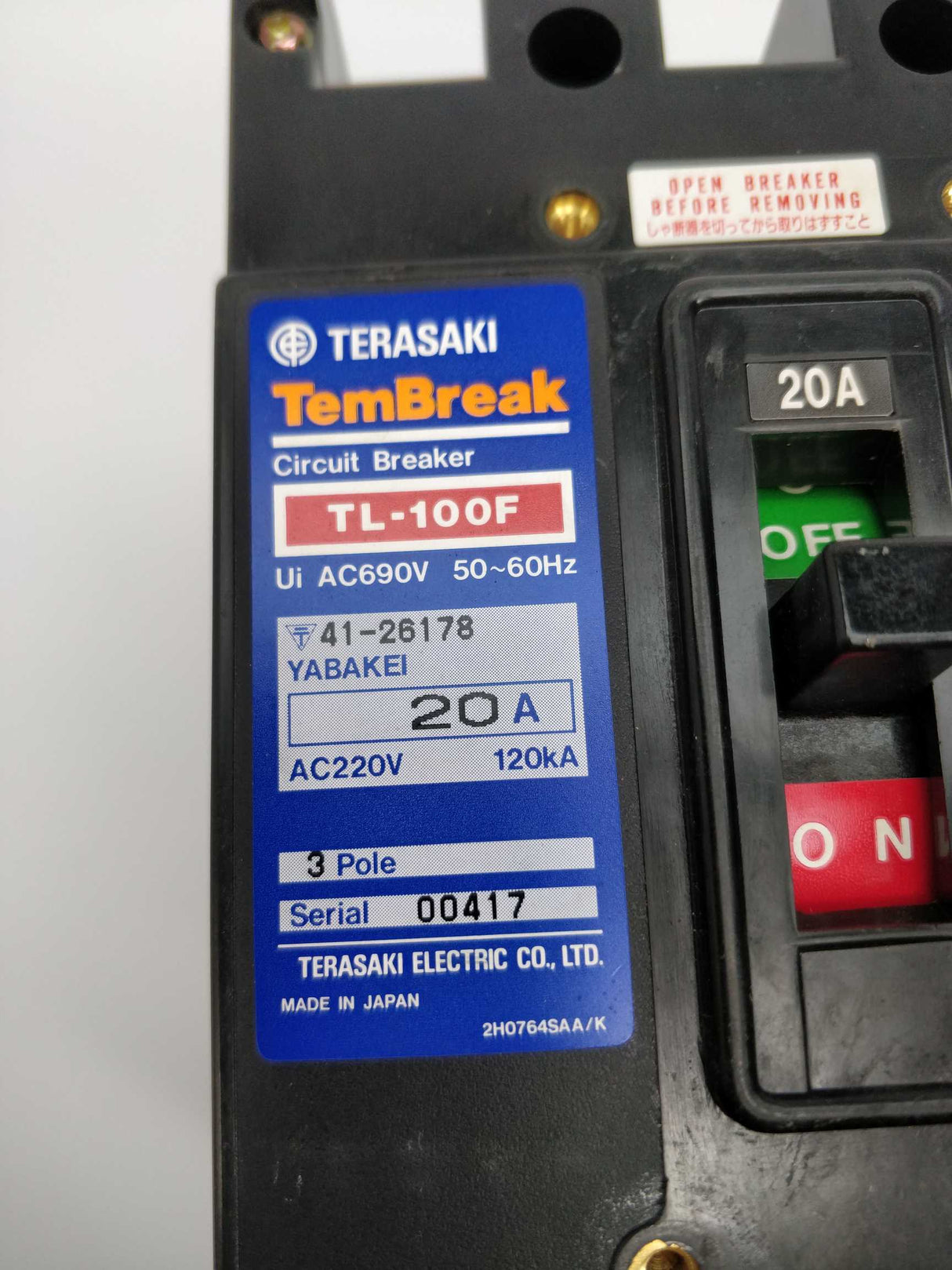 TERASAKI TL-100F TemBreak Circuit Breaker 20A