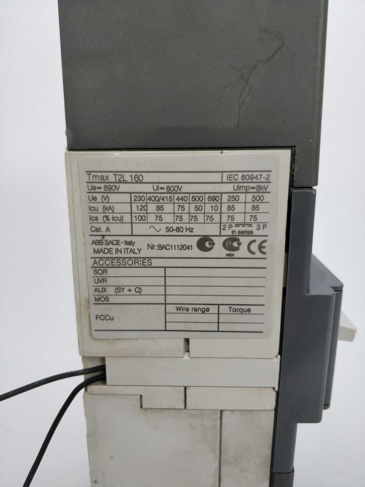 ABB Tmax T2L 160 Circuit breaker with YO coil accessory