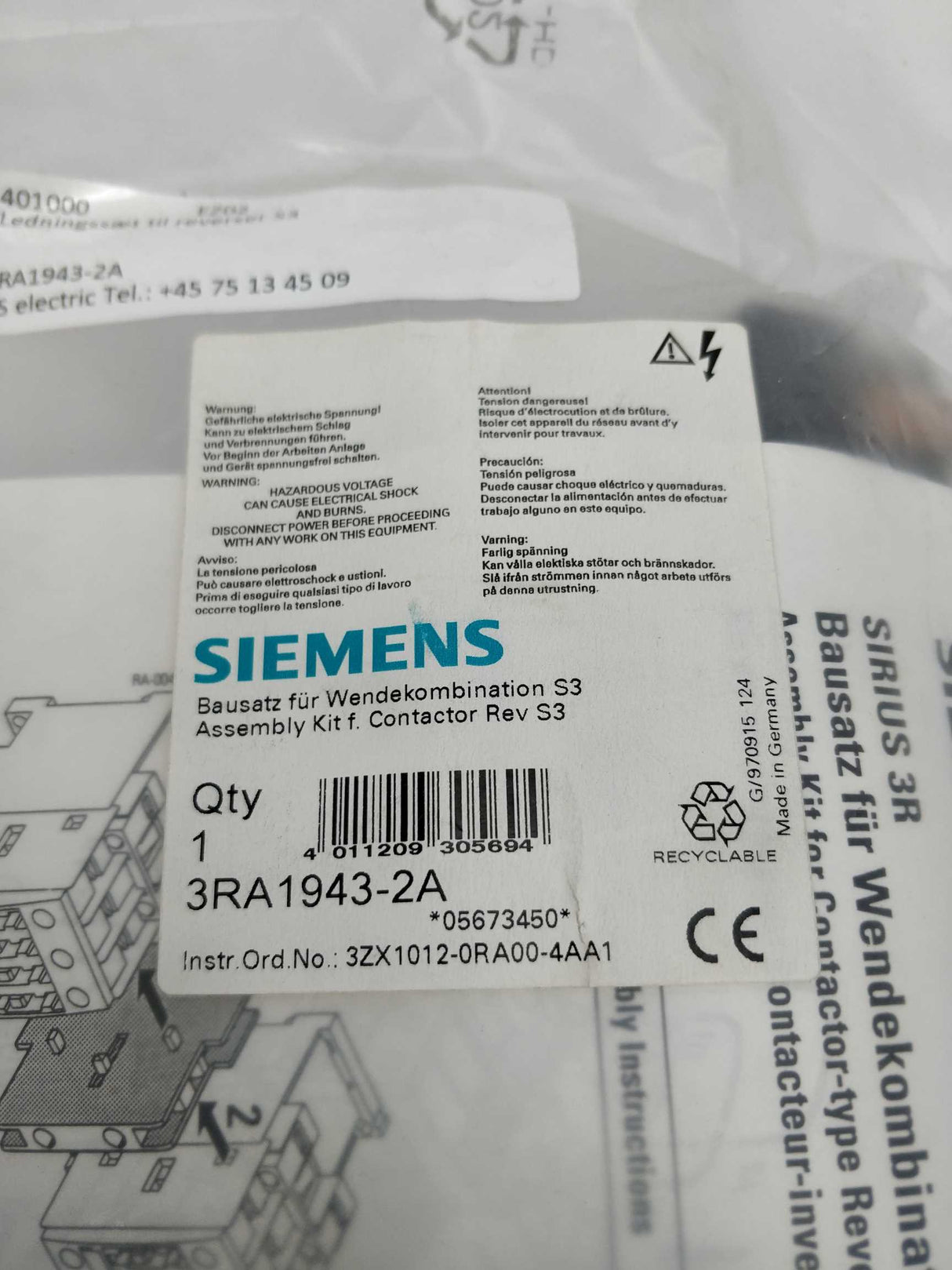 Siemens 3RA1943-2A Assembly kit for reversing contactor Rev S3