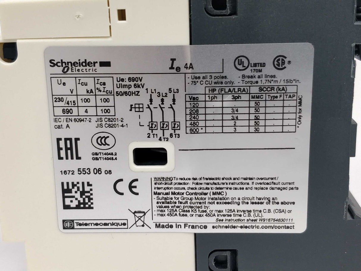 Schneider Electric GV2-L08 4A TeSys Motor Circuit Breaker 5 Pcs.