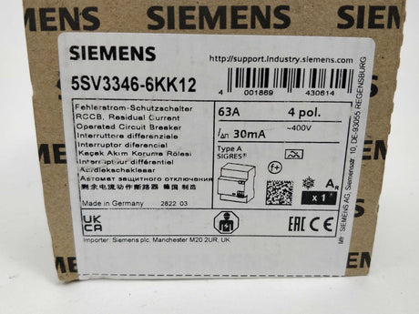 Siemens 5SV3346-6KK12 Operated Circuit Breaker 30mA 400V