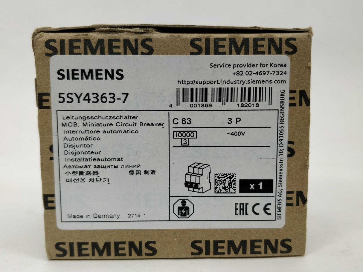 Siemens 5SY4363-7 Minature Circuit breaker, 400 V 10KA