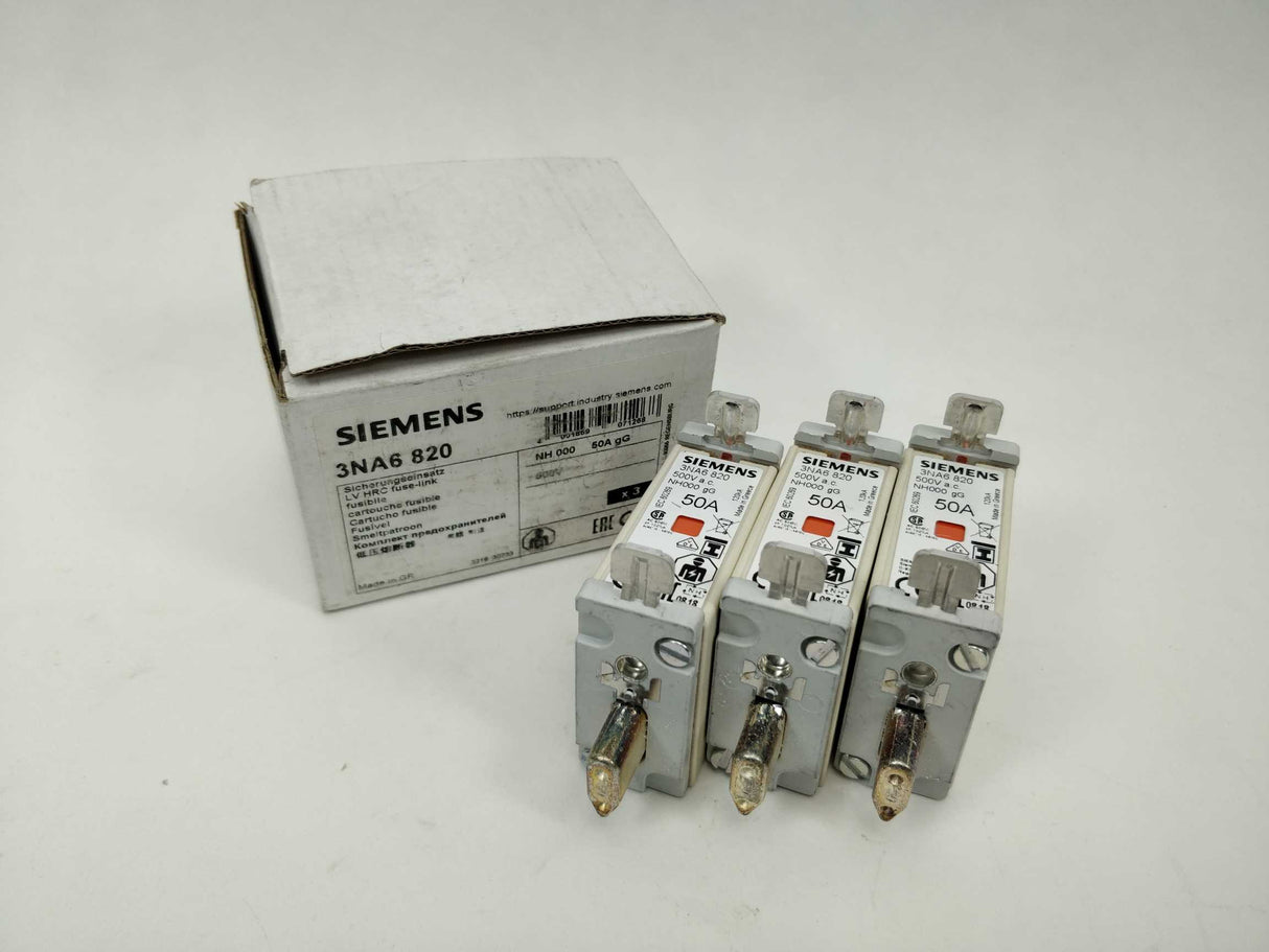 Siemens 3NA6 820 LV HRC Fuse-Link, NH000, In: 50 A 3 Pcs.