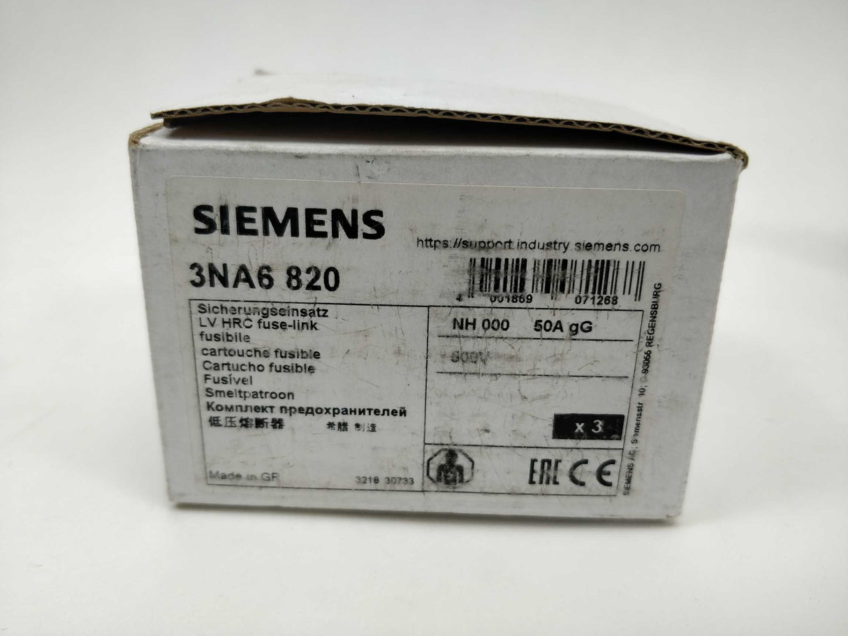 Siemens 3NA6 820 LV HRC Fuse-Link, NH000, In: 50 A 3 Pcs.