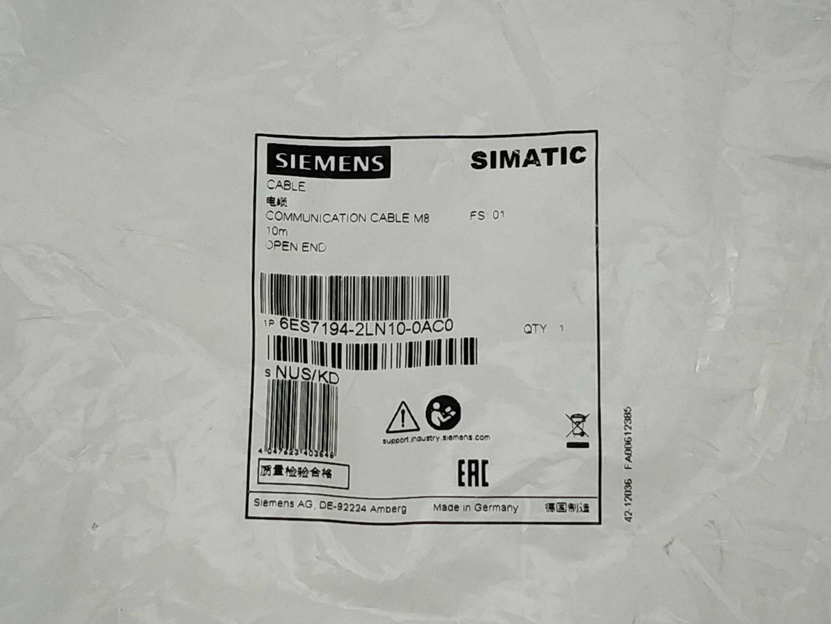 Siemens 6ES7194-2LN10-0AC0 Communication cable M8. 10 meters.