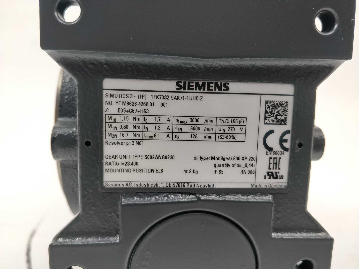 Siemens 1FK7032-5AK71-1UU5-Z SIMOTICS 3 Motor for Motion Control