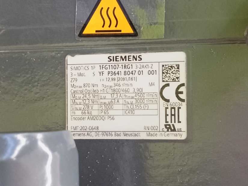 Siemens 1FG1107-1RG13-2AK1-Z Motor D04+K11+N16+Q91+Y84