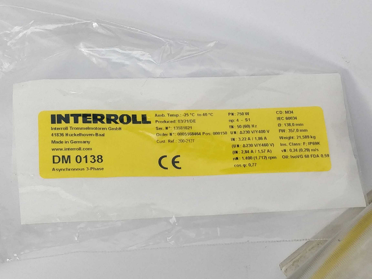 Interroll DM 0138 Asynchronous 3 Phase M34 - 750W - Ø 138,0mm FW 357,0mm