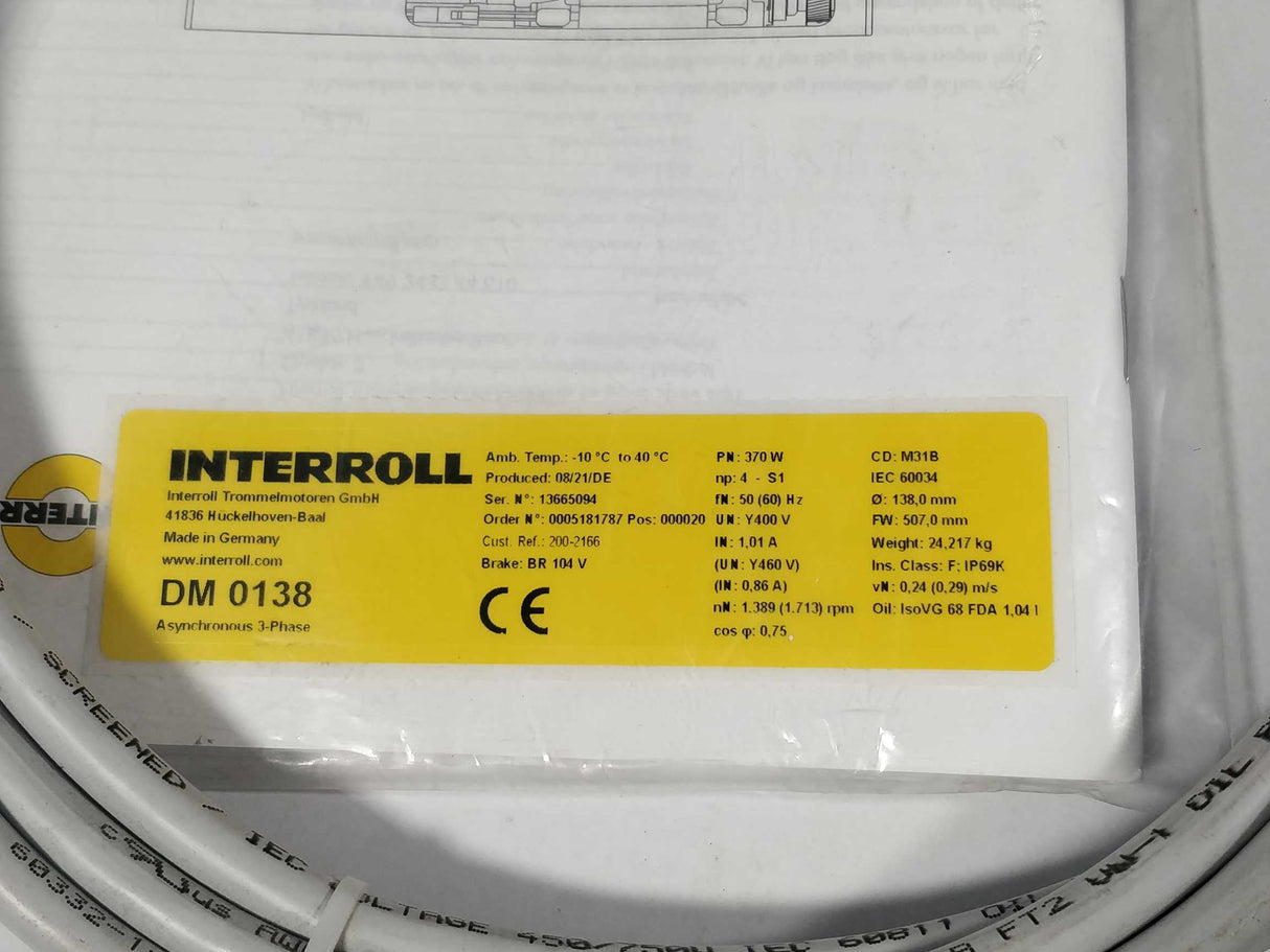 Interroll DM 0138 Drum Motor - 1.389(1.713)rpm - 370W - Ø 138,0mm FW 507,0mm